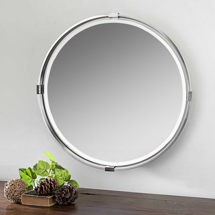 American Home Furniture Uttermost Tazlina Brushed Nickel Round Mirror