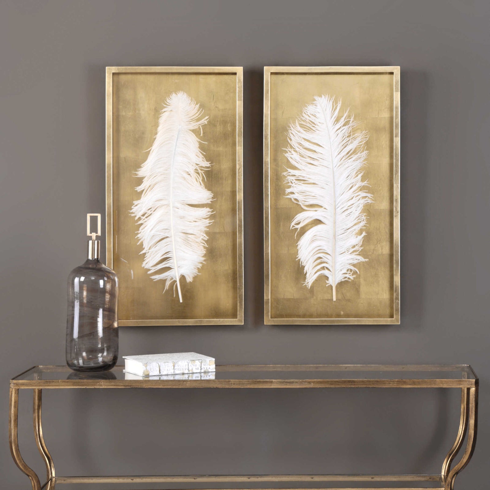 American Home Furniture Uttermost White Feathers Gold Shadow Box S/2