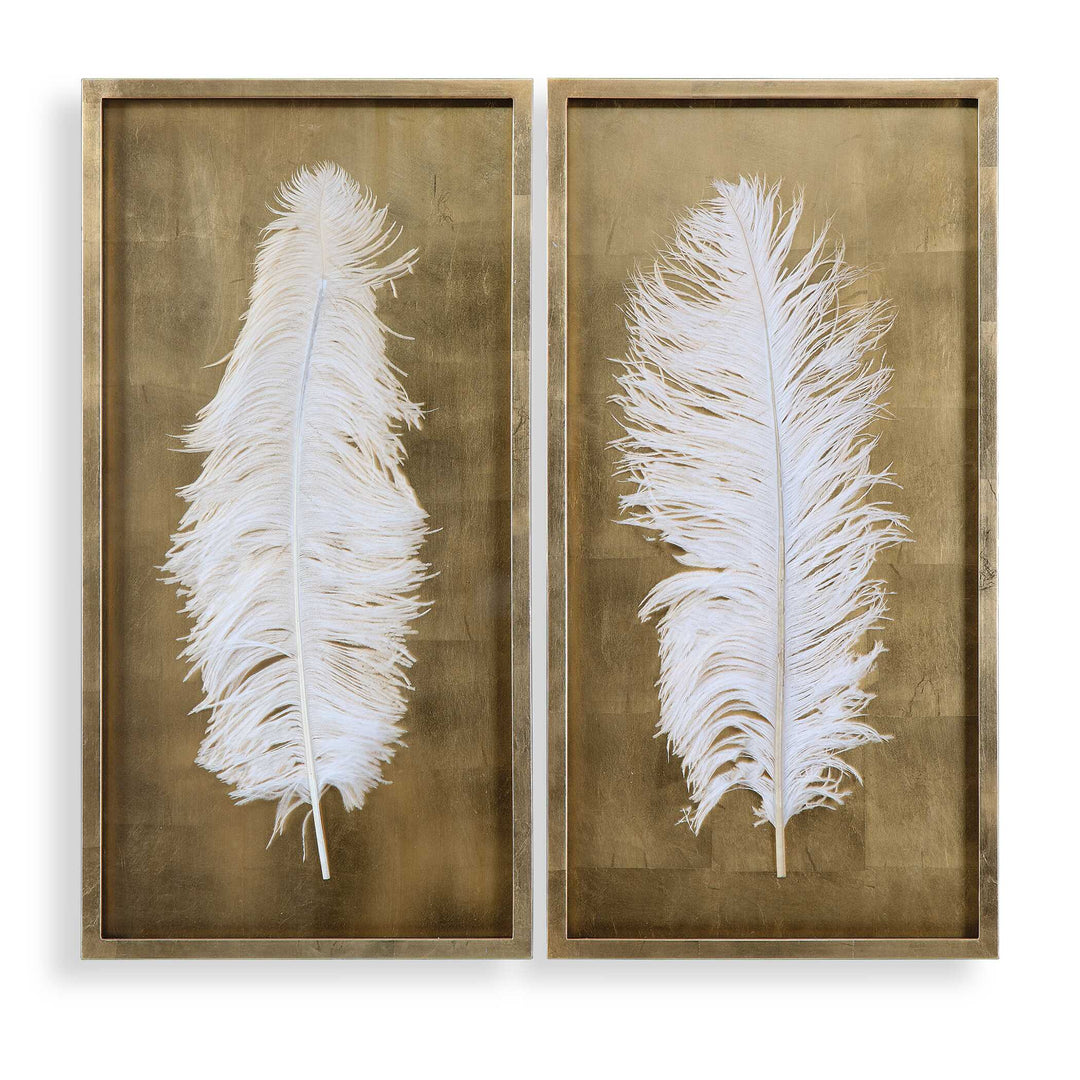 American Home Furniture Uttermost White Feathers Gold Shadow Box S/2