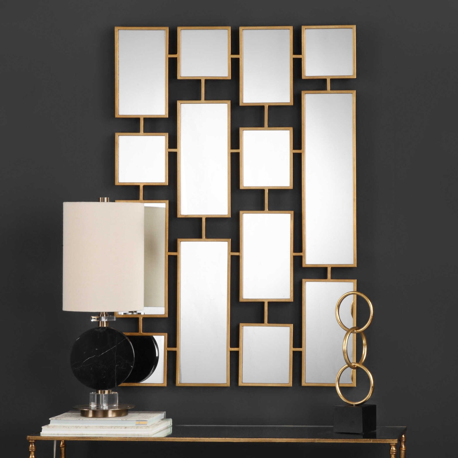 American Home Furniture Uttermost Kennon Forged Gold Rectangles Mirror