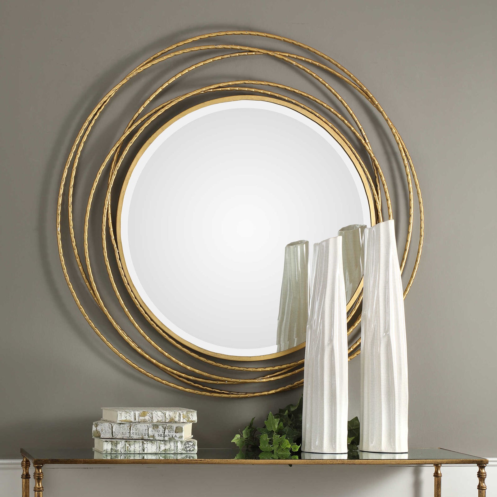 American Home Furniture Uttermost Whirlwind Gold Round Mirror