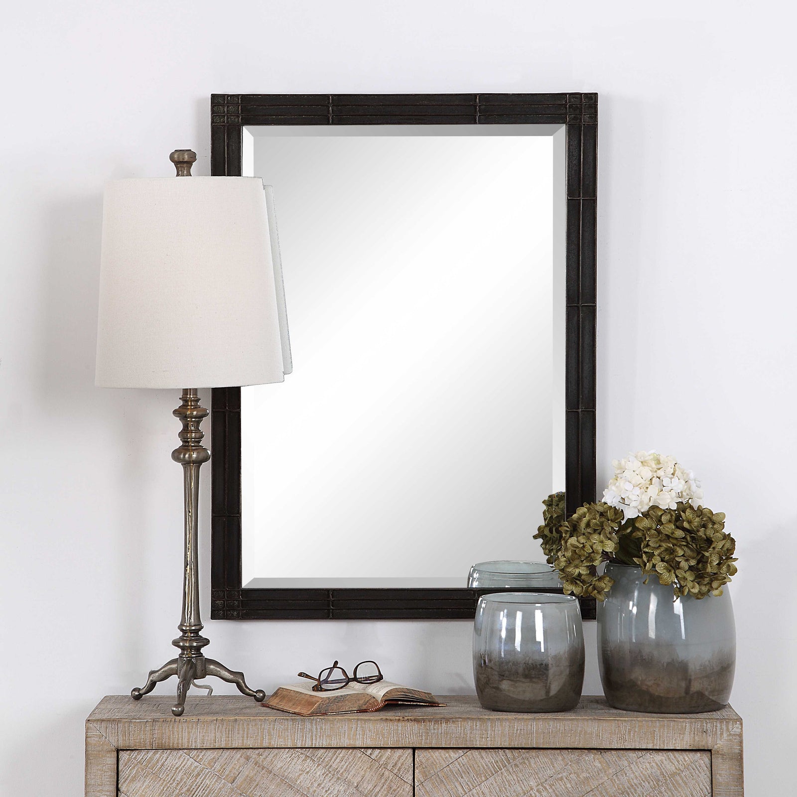 American Home Furniture Uttermost Gower Aged Black Vanity Mirror