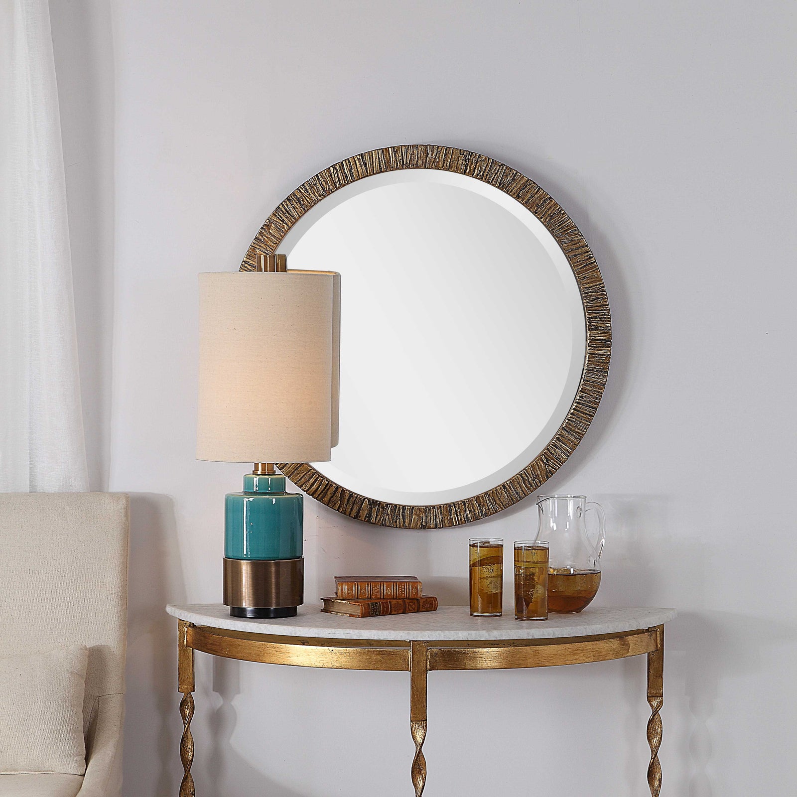 American Home Furniture Uttermost Wayde Gold Bark Round Mirror