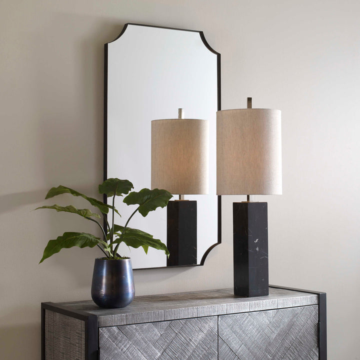 American Home Furniture Uttermost Lennox Black Scalloped Corner Mirror