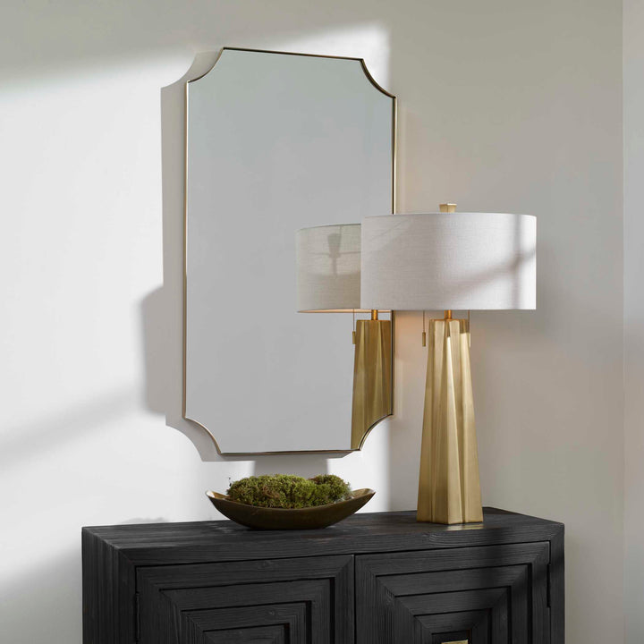 American Home Furniture Uttermost Lennox Brass Scalloped Corner Mirror