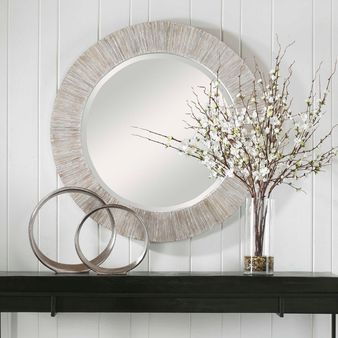 American Home Furniture Uttermost Repose Whitewash Round Mirror
