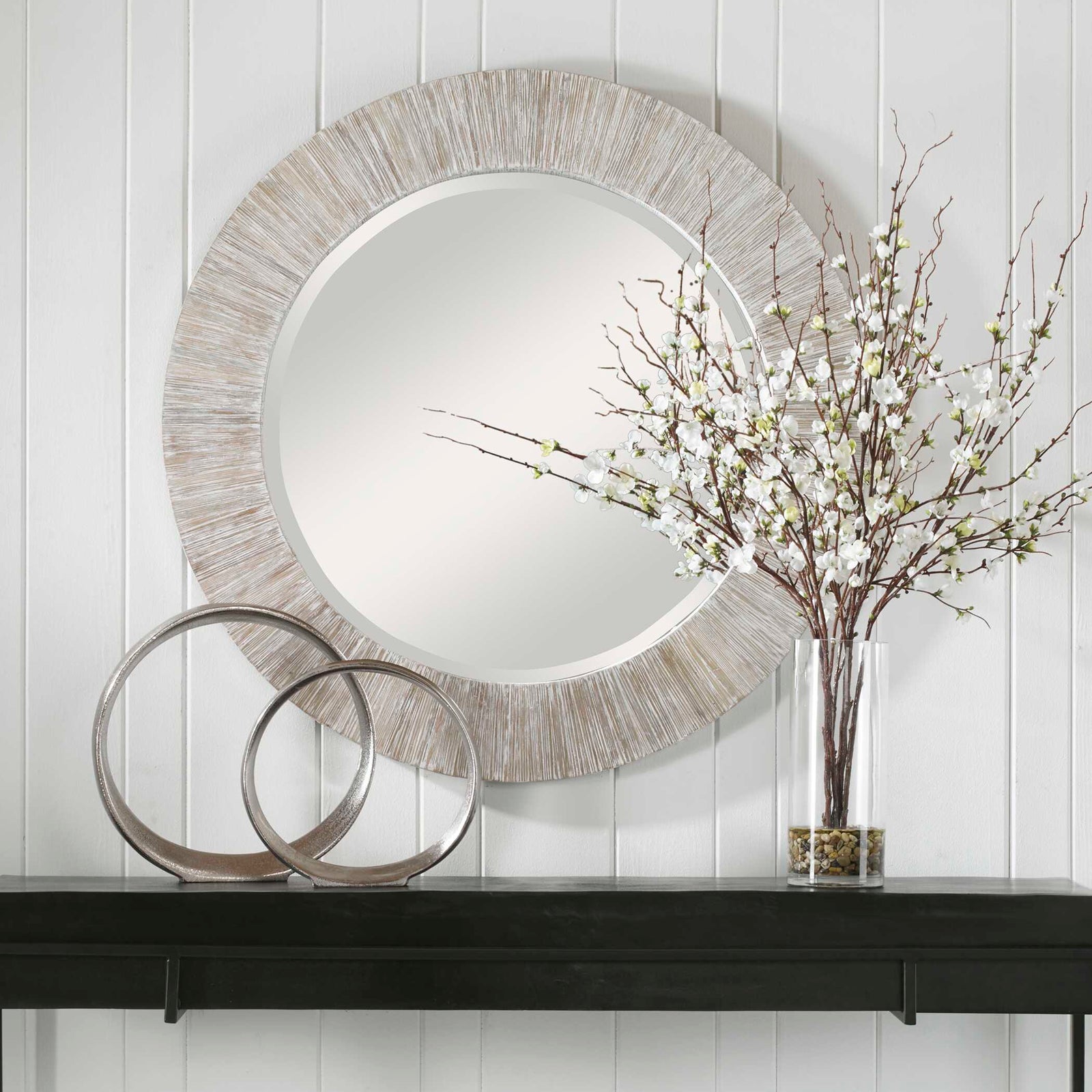 American Home Furniture Uttermost Repose Whitewash Round Mirror