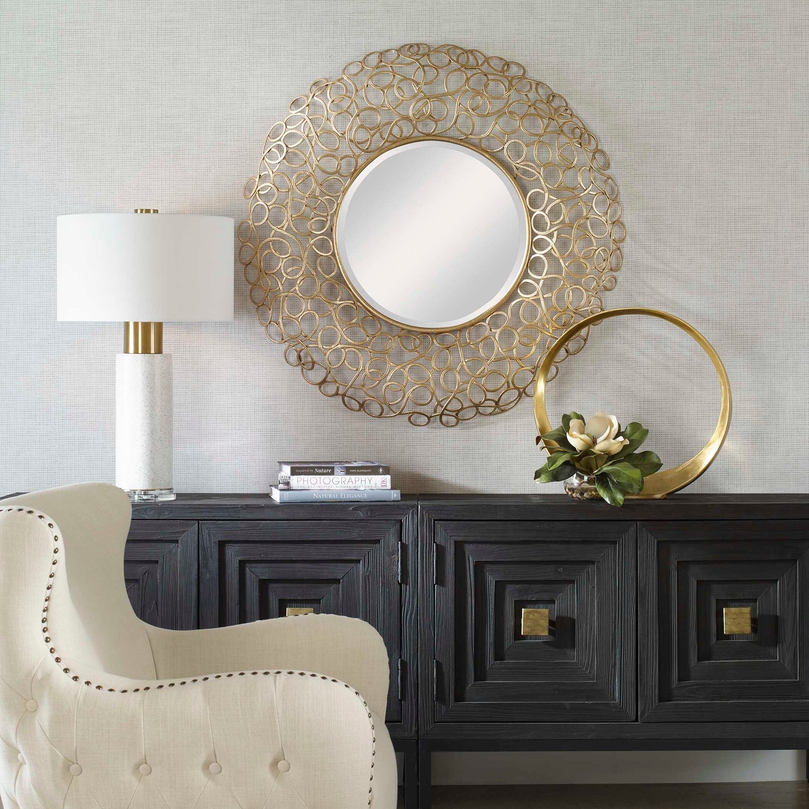 American Home Furniture Uttermost Swirl Round Gold Mirror
