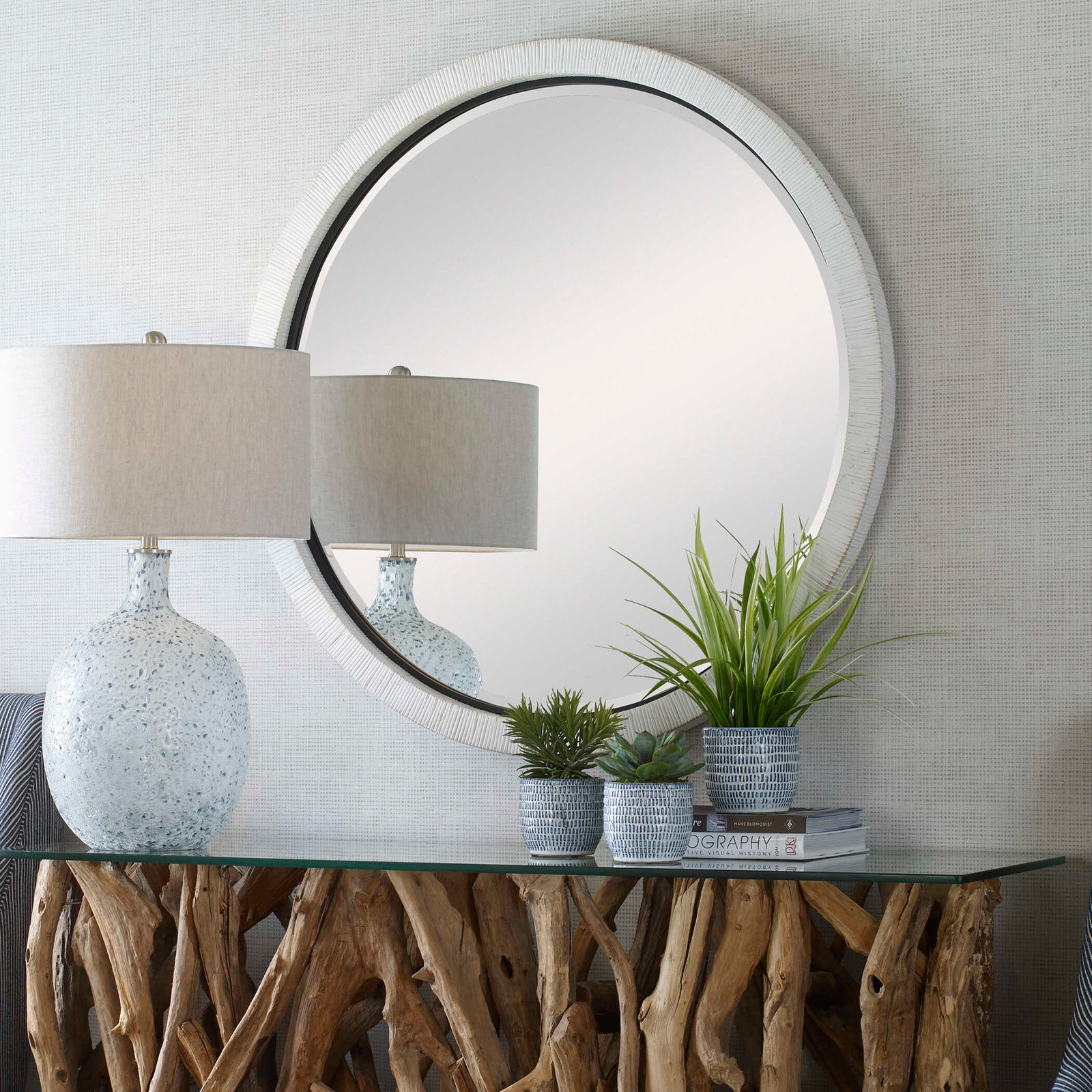 American Home Furniture Uttermost Granada Whitewash Round Mirror