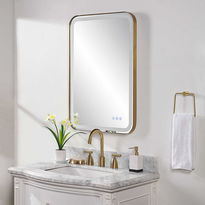 American Home Furniture Uttermost Crofton Lighted Brass Vanity Mirror