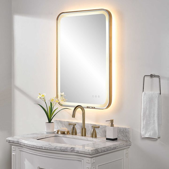 American Home Furniture Uttermost Crofton Lighted Brass Vanity Mirror