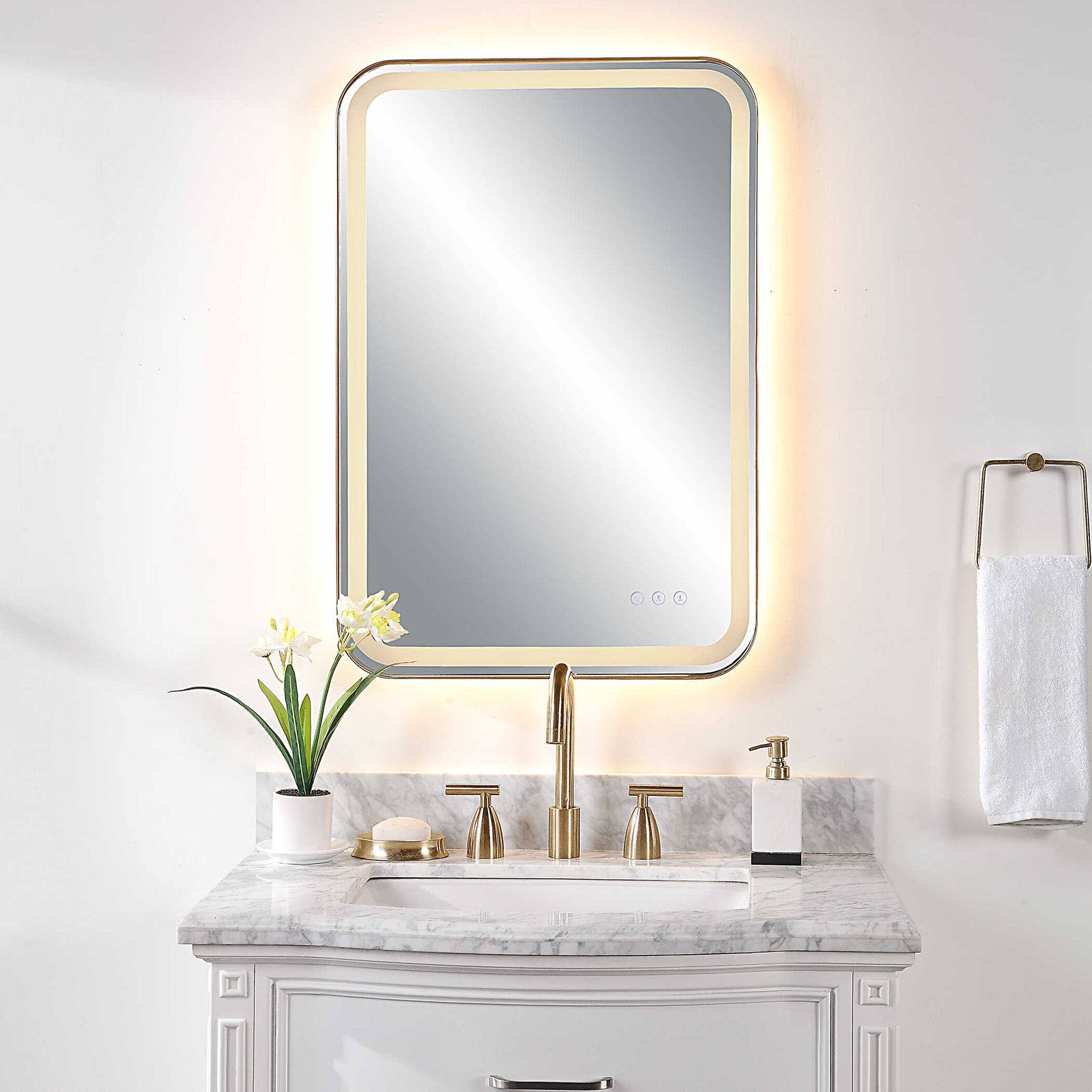 American Home Furniture Uttermost Crofton Lighted Brass Vanity Mirror