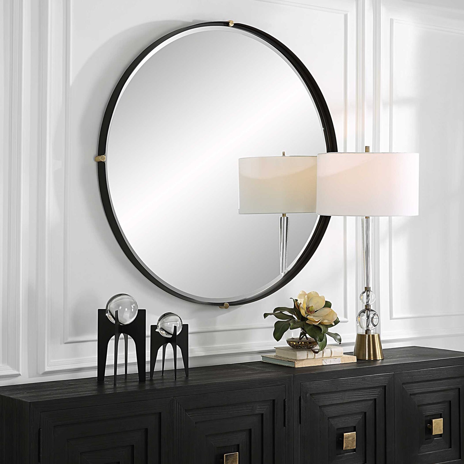 American Home Furniture Uttermost Bonded Round Black Mirror