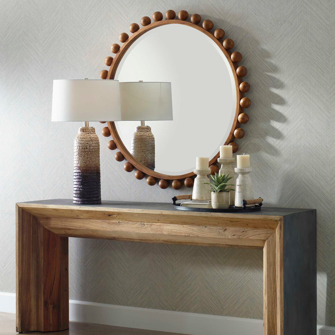 American Home Furniture Uttermost Cyra Wood Beaded Round Mirror