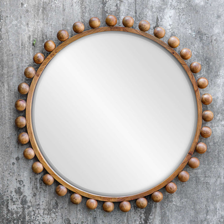 American Home Furniture Uttermost Cyra Wood Beaded Round Mirror