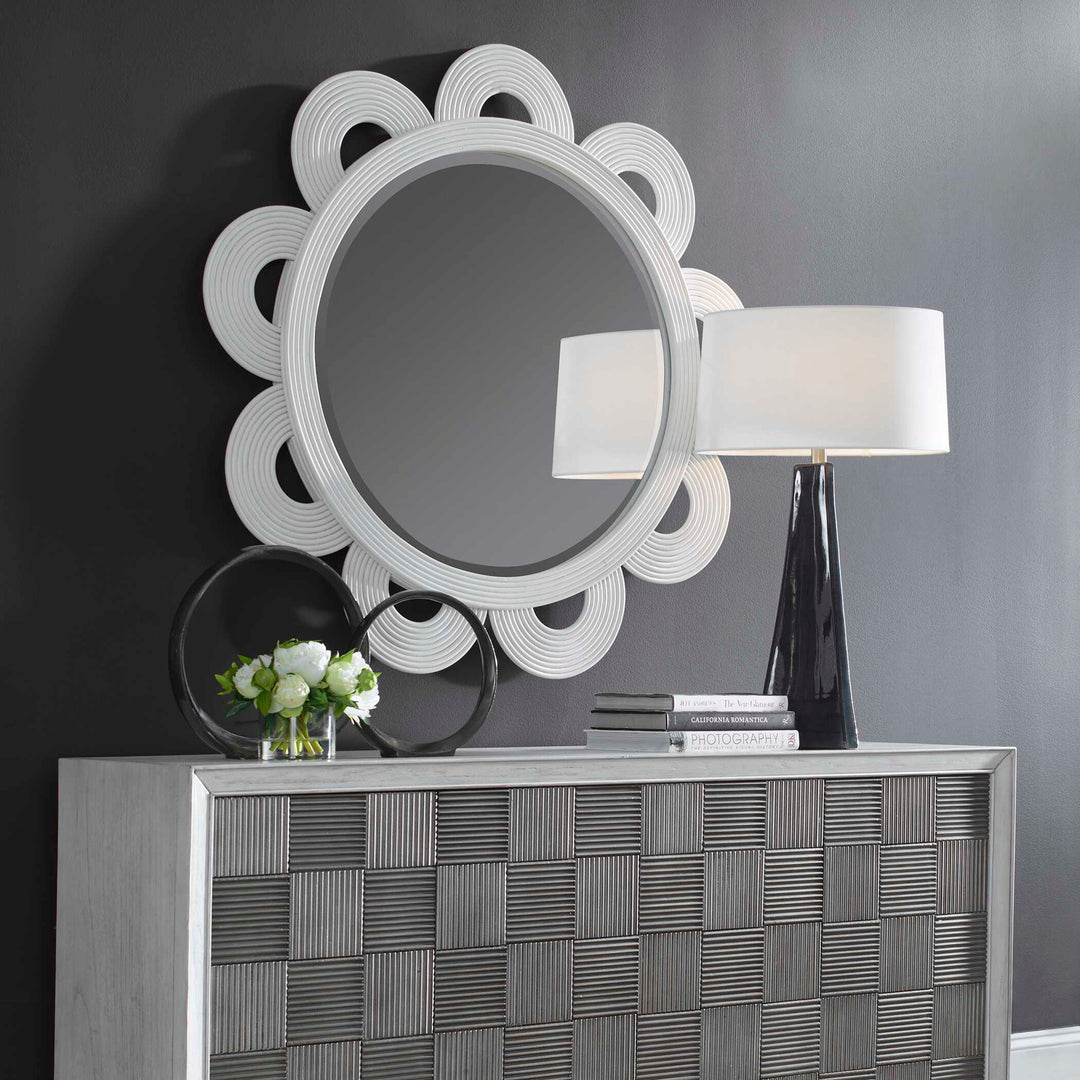 American Home Furniture Uttermost Clematis White Rattan Round Mirror