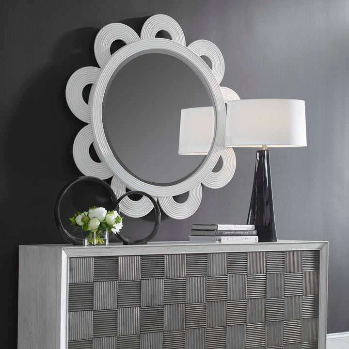 American Home Furniture Uttermost Clematis White Rattan Round Mirror
