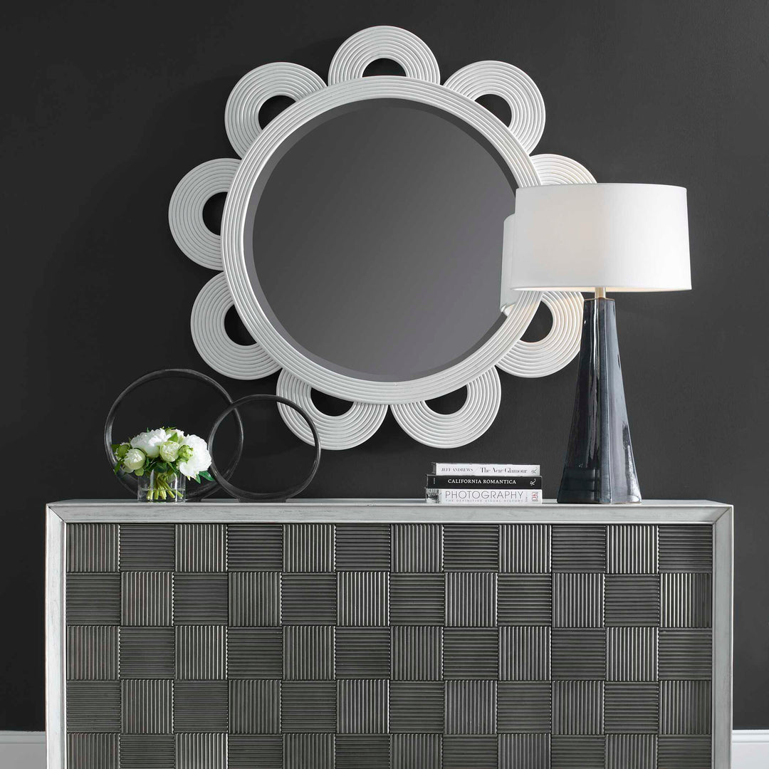 American Home Furniture Uttermost Clematis White Rattan Round Mirror