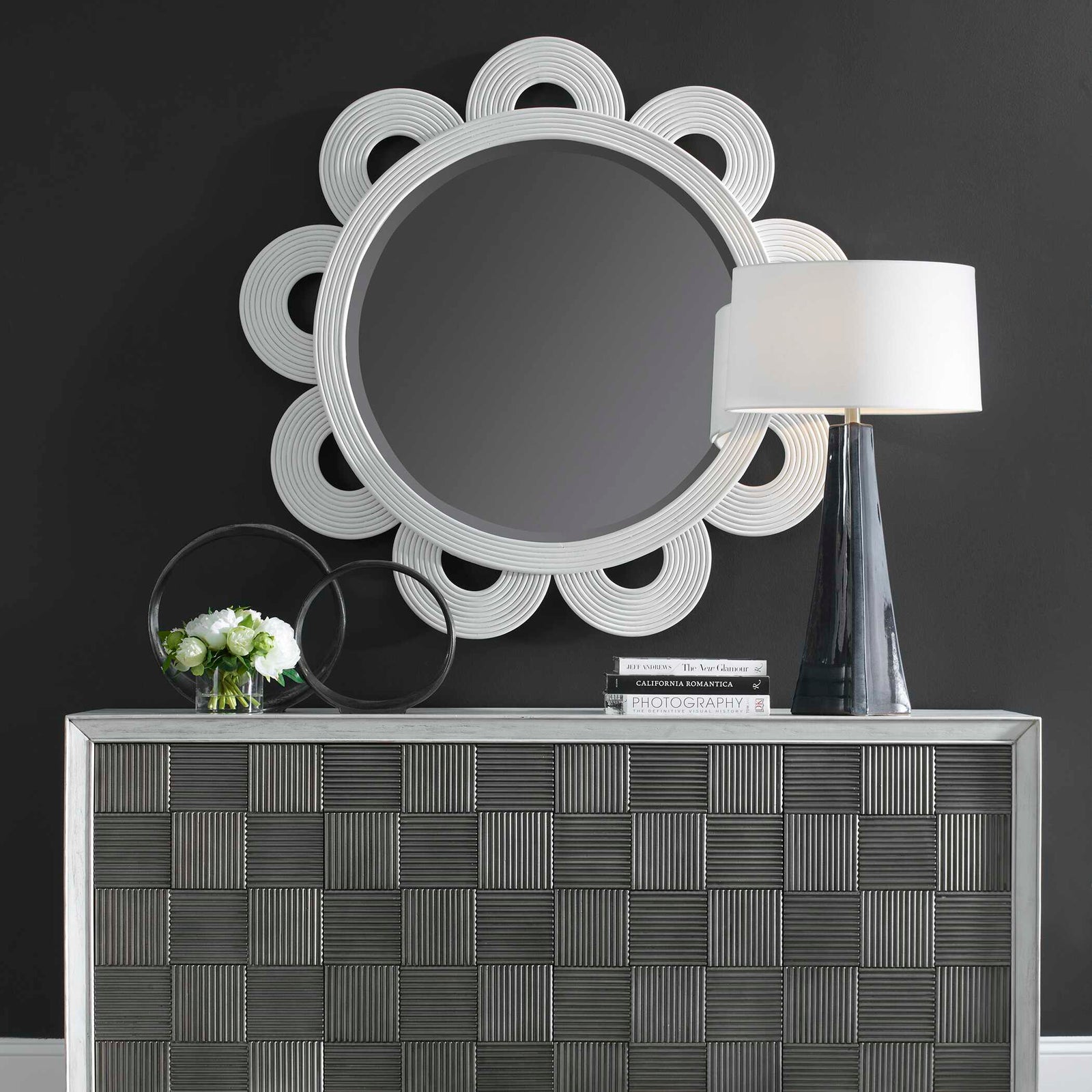 American Home Furniture Uttermost Clematis White Rattan Round Mirror