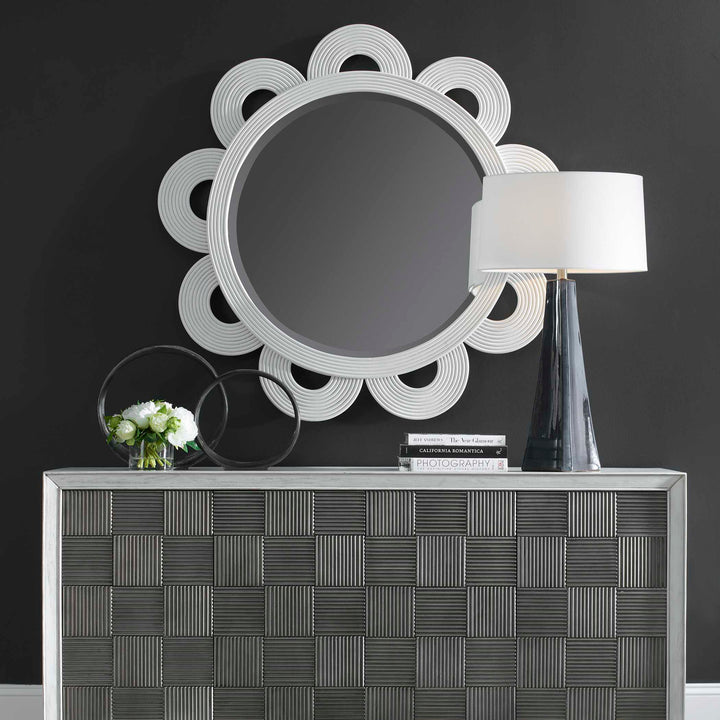 American Home Furniture Uttermost Clematis White Rattan Round Mirror