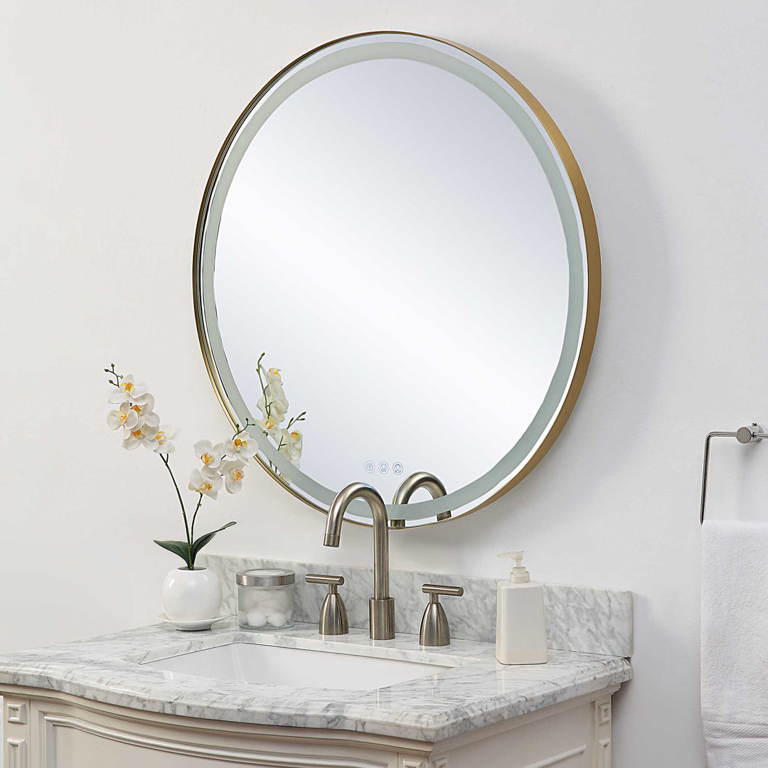 American Home Furniture Uttermost Crofton Lighted Brass Round Mirror