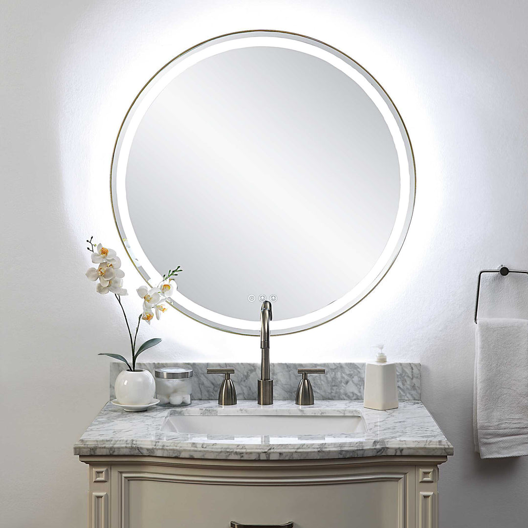 American Home Furniture Uttermost Crofton Lighted Brass Round Mirror
