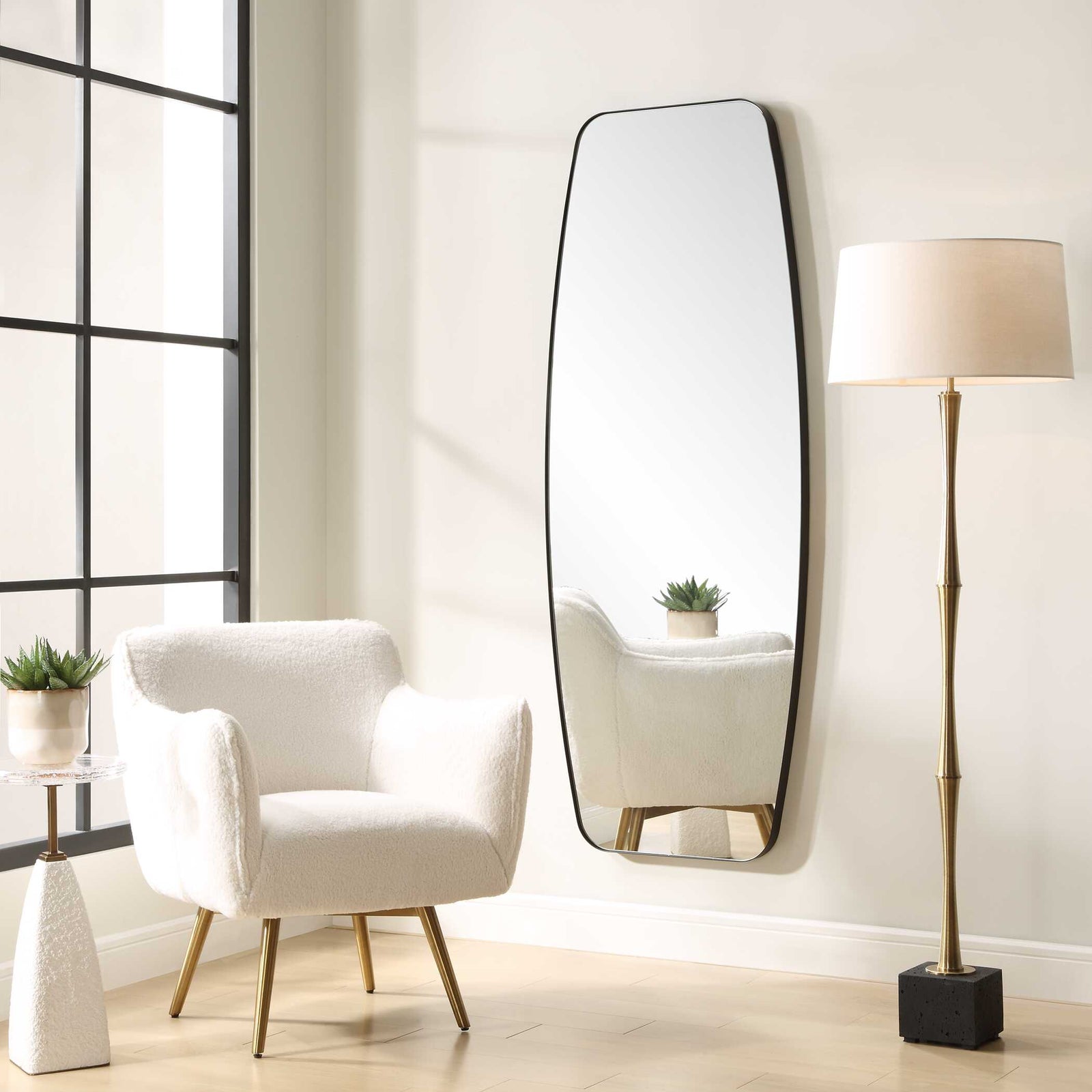 American Home Furniture Uttermost Caspian Curved Black Dressing Mirror