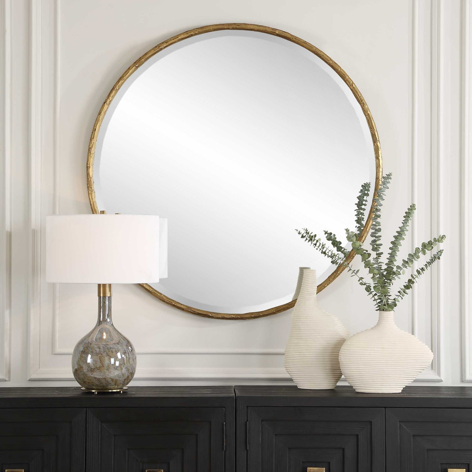American Home Furniture Uttermost Sutton Aged Gold Round Mirror