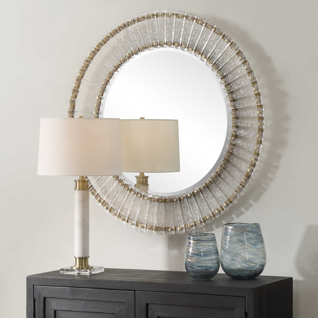 American Home Furniture Uttermost Denali Textured Glass Round Mirror