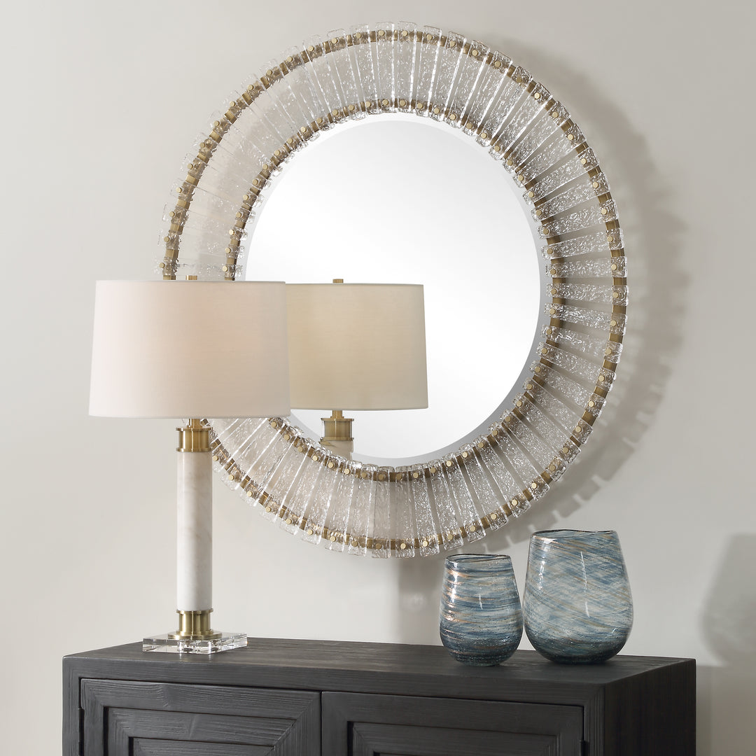 American Home Furniture | Uttermost - Denali Textured Glass Round Mirror