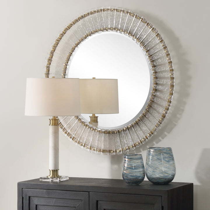 American Home Furniture | Uttermost - Denali Textured Glass Round Mirror