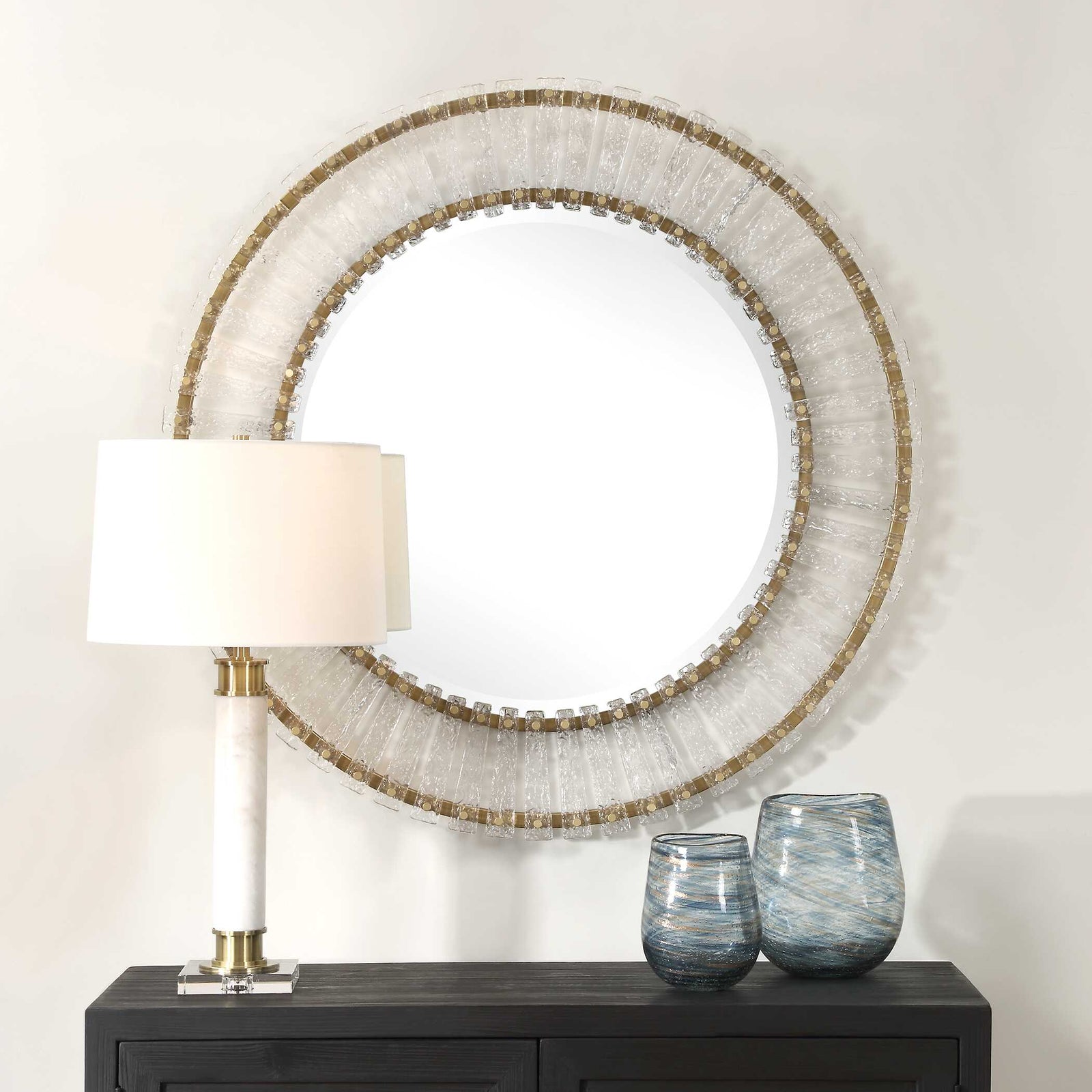 American Home Furniture Uttermost Denali Textured Glass Round Mirror