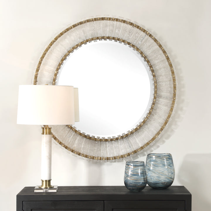 American Home Furniture | Uttermost - Denali Textured Glass Round Mirror