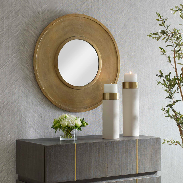 American Home Furniture Uttermost Axel Round Brass Mirror