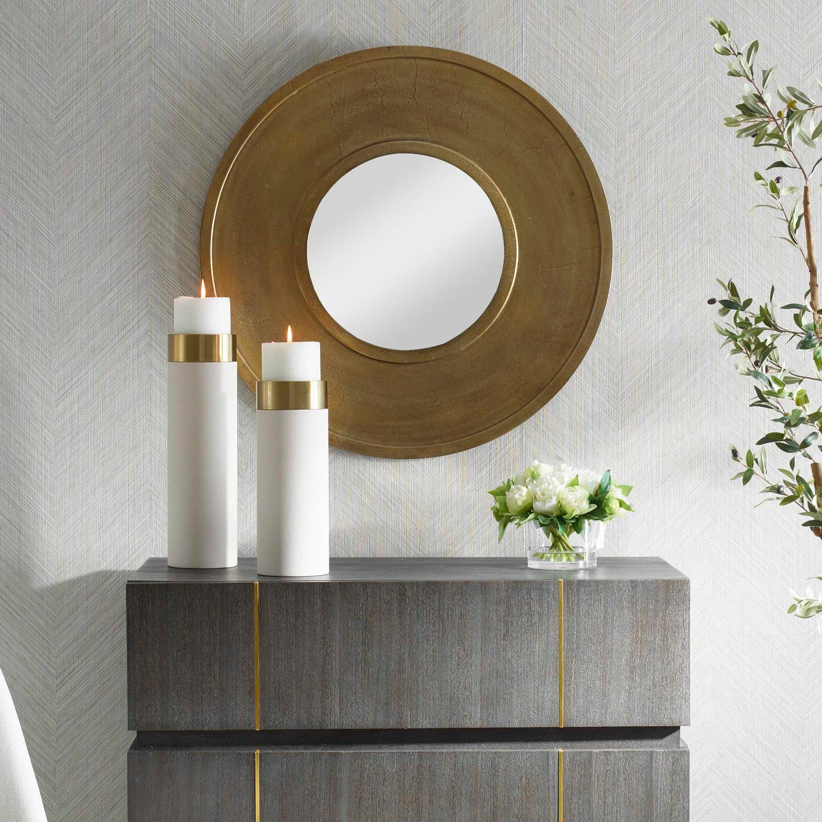 American Home Furniture Uttermost Axel Round Brass Mirror