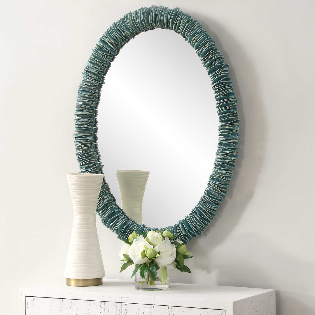American Home Furniture Uttermost Bonaire Teal Blue Oval Mirror