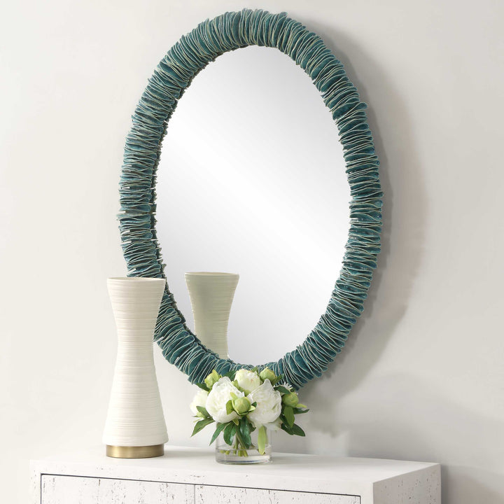 American Home Furniture Uttermost Bonaire Teal Blue Oval Mirror