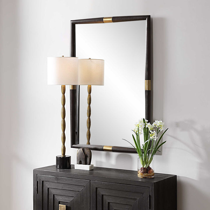 American Home Furniture Uttermost Larkin Dark Wood & Brass Mirror