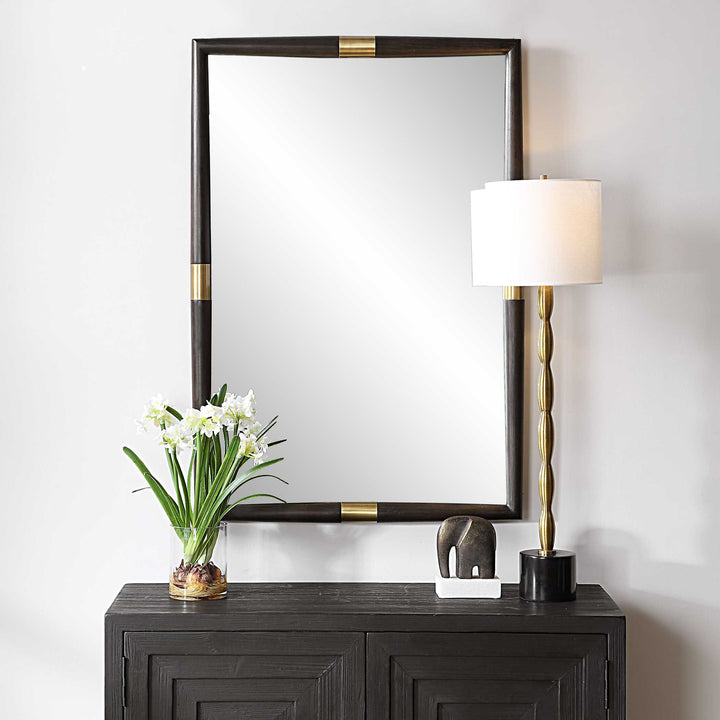 American Home Furniture Uttermost Larkin Dark Wood & Brass Mirror