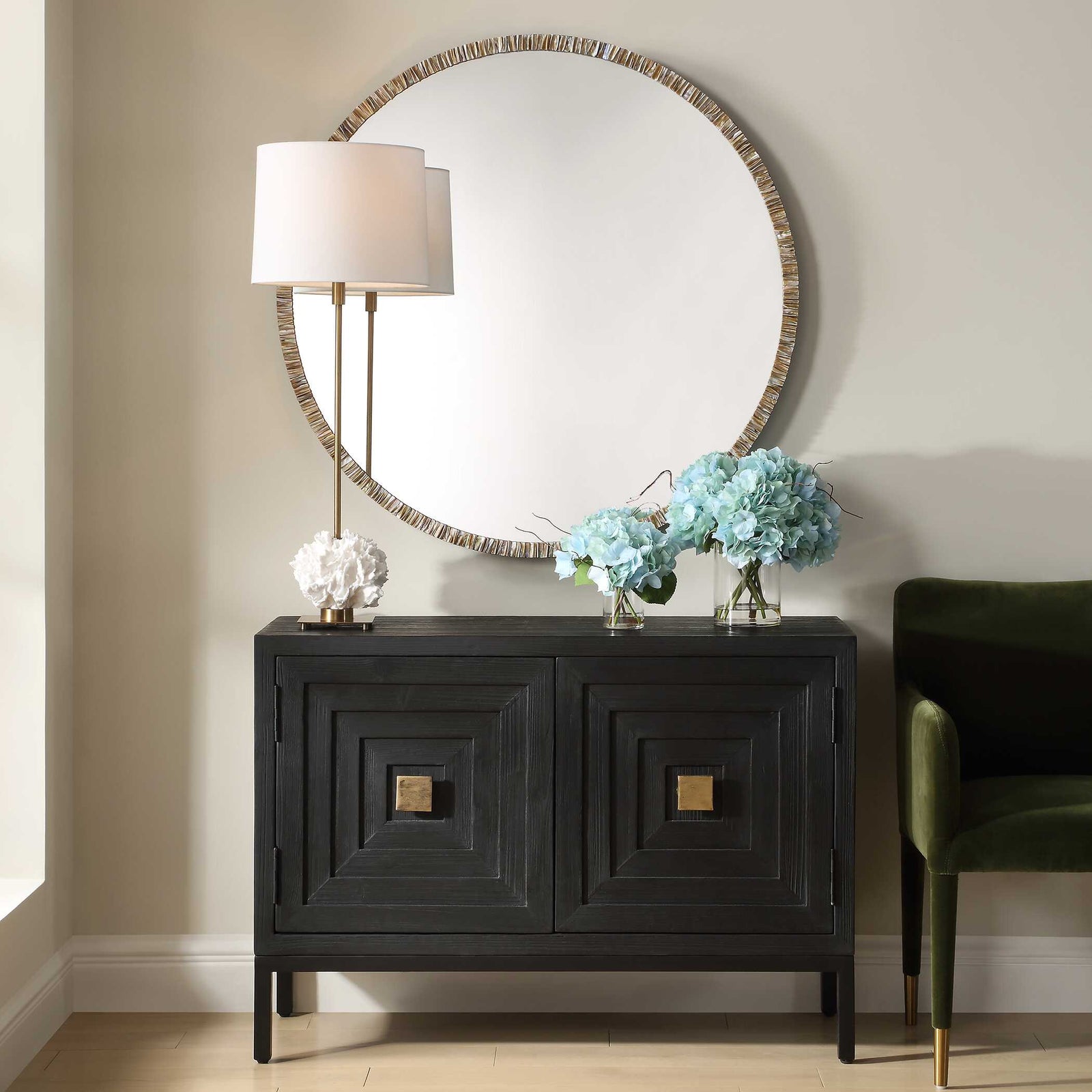 American Home Furniture Uttermost Odeon Shell Inlay Round Mirror
