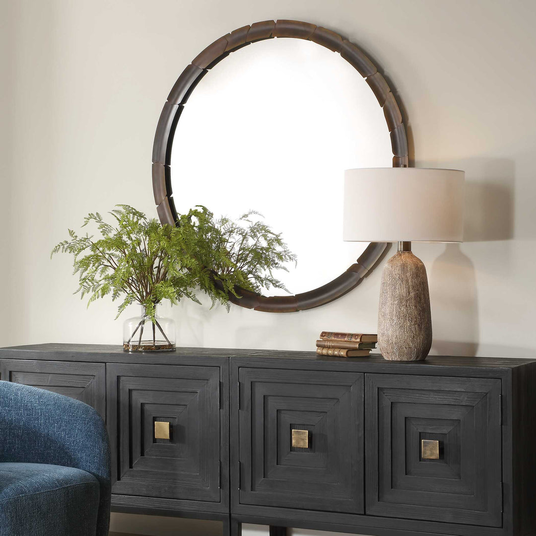 American Home Furniture Uttermost Auger Amber Glass Round Mirror