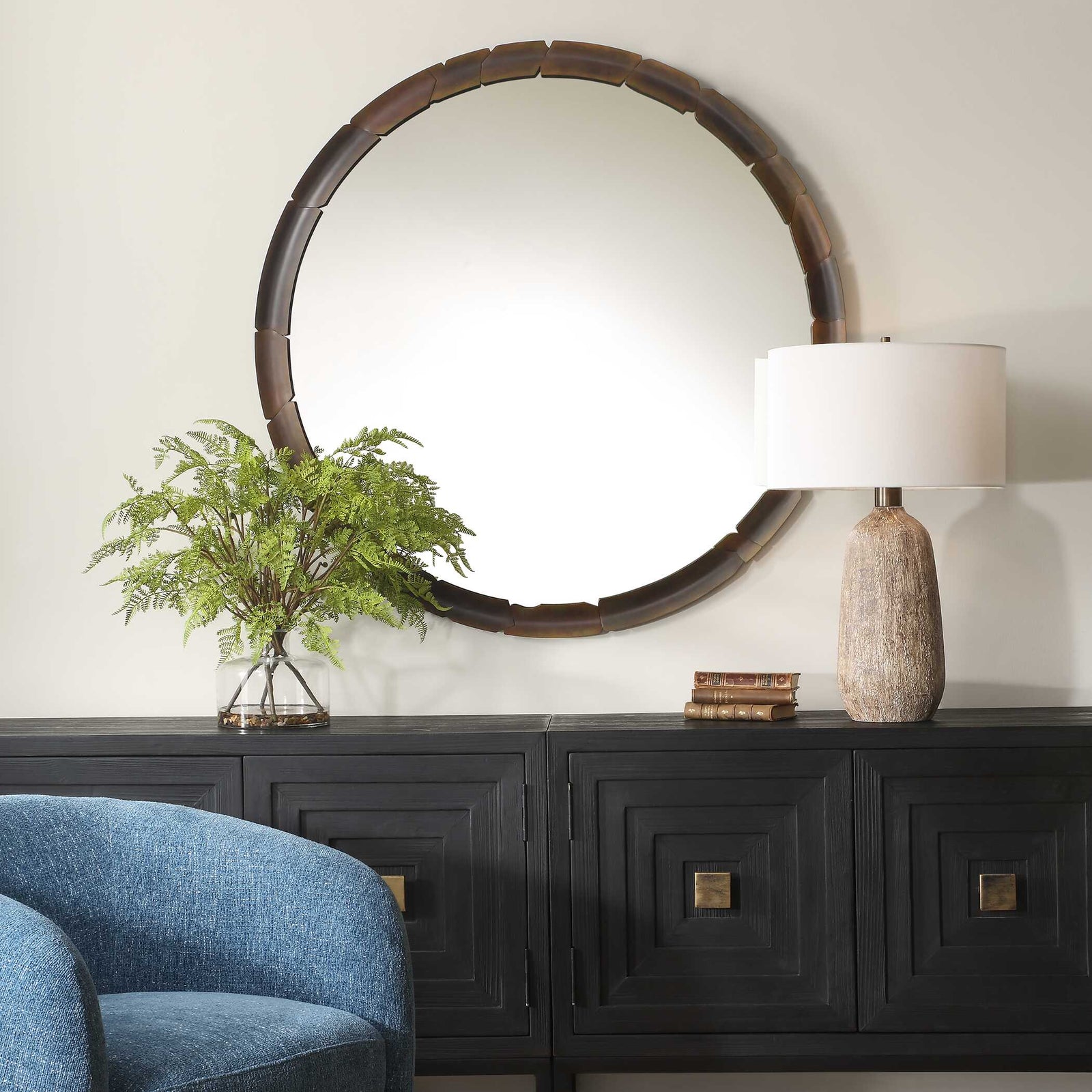 American Home Furniture Uttermost Auger Amber Glass Round Mirror
