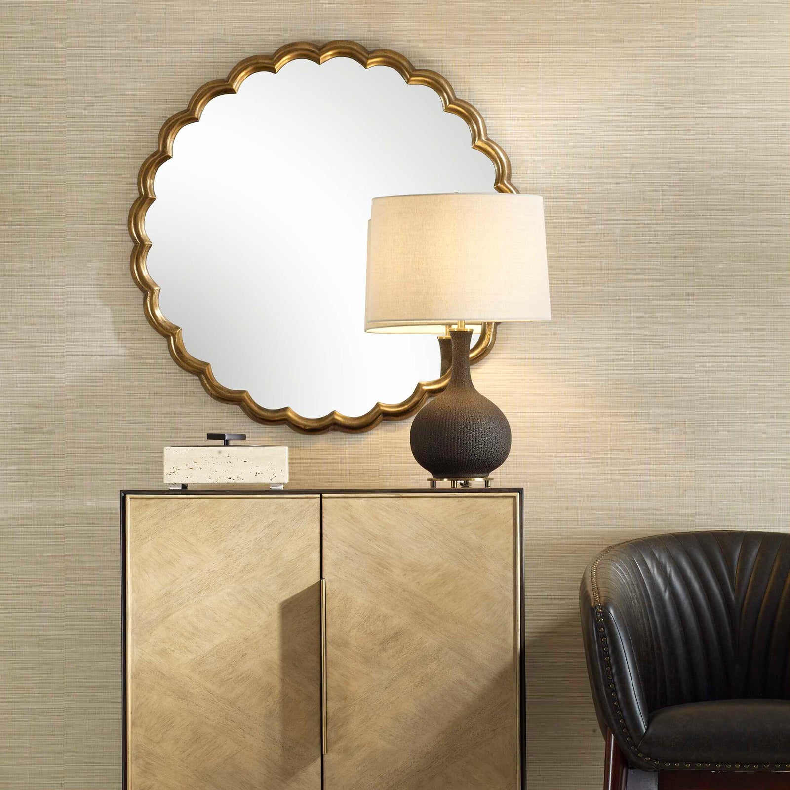 American Home Furniture Uttermost Cerrito Antique Brass Round Mirror