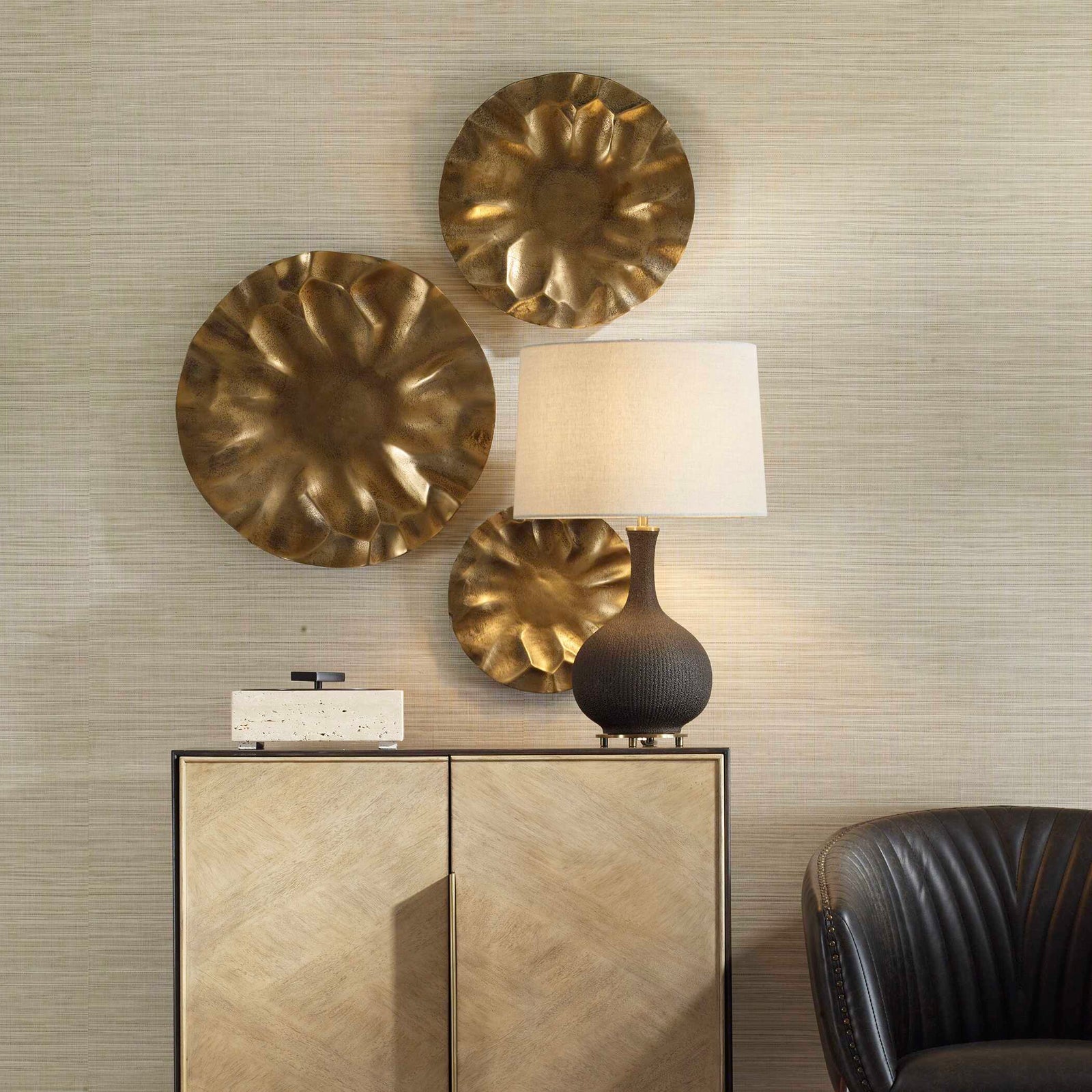 American Home Furniture Uttermost Peonia Outdoor Gold Wall Art Set of 3