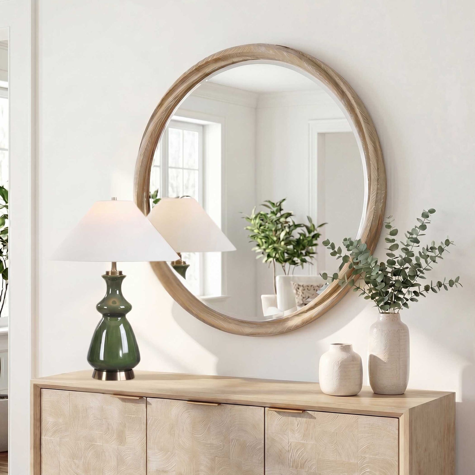 Landry Round Light Wood Mirror