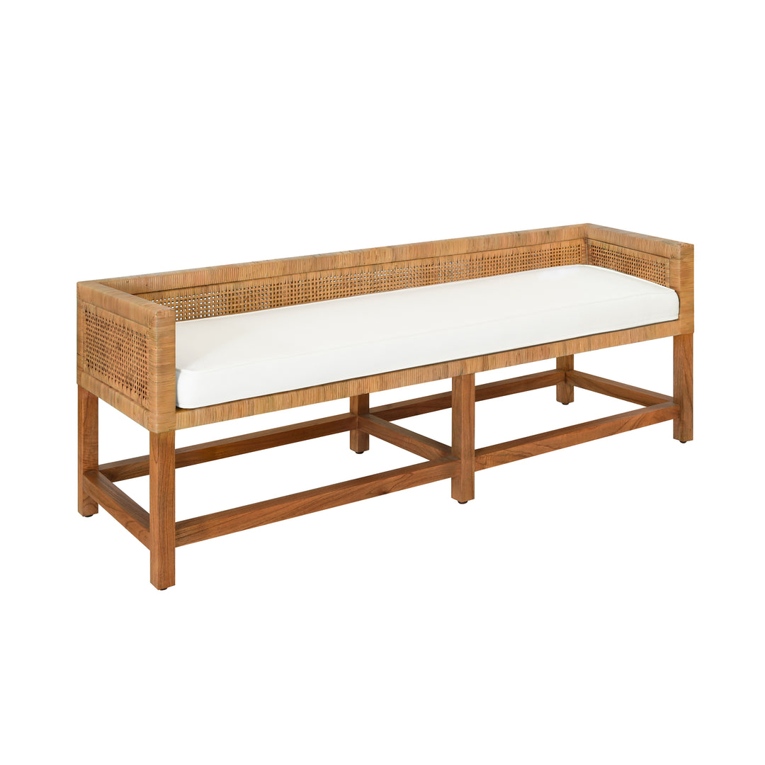 Cane Bench With Low Seat Back And Ivory Linen Cushion - MONTEREY