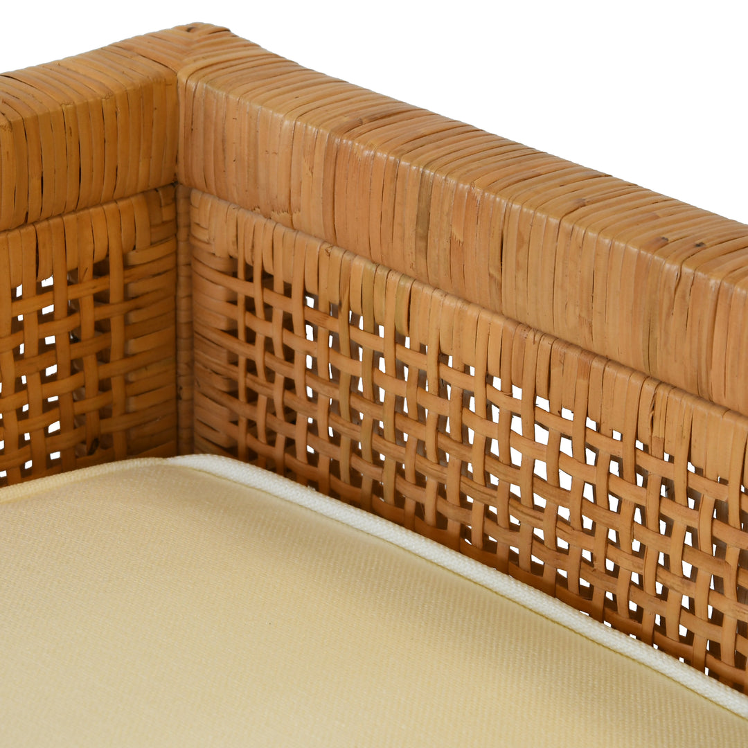 Cane Bench With Low Seat Back And Ivory Linen Cushion - MONTEREY