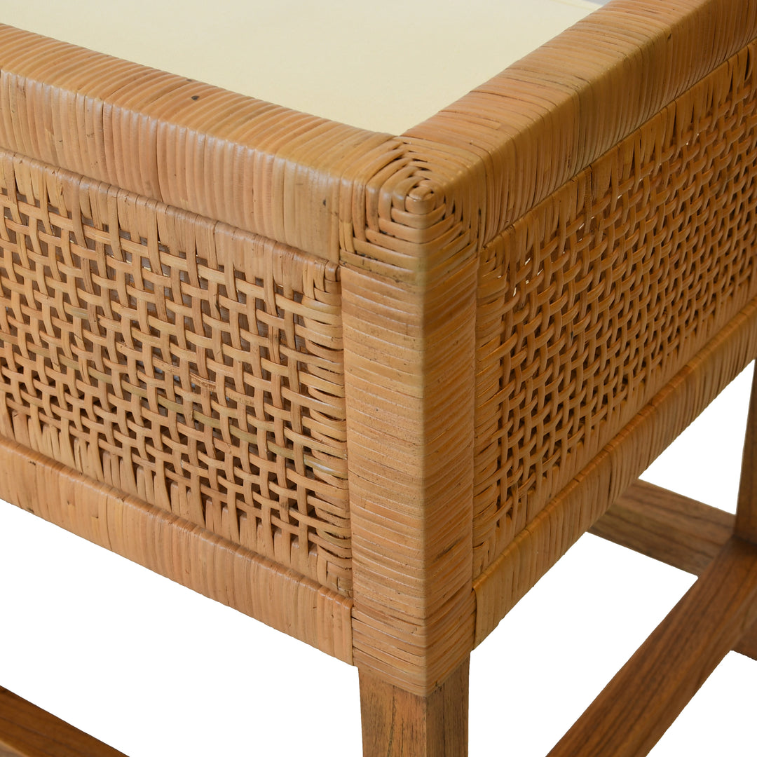Cane Bench With Low Seat Back And Ivory Linen Cushion - MONTEREY