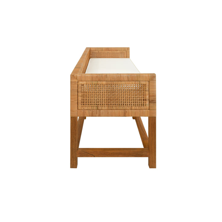 Cane Bench With Low Seat Back And Ivory Linen Cushion - MONTEREY