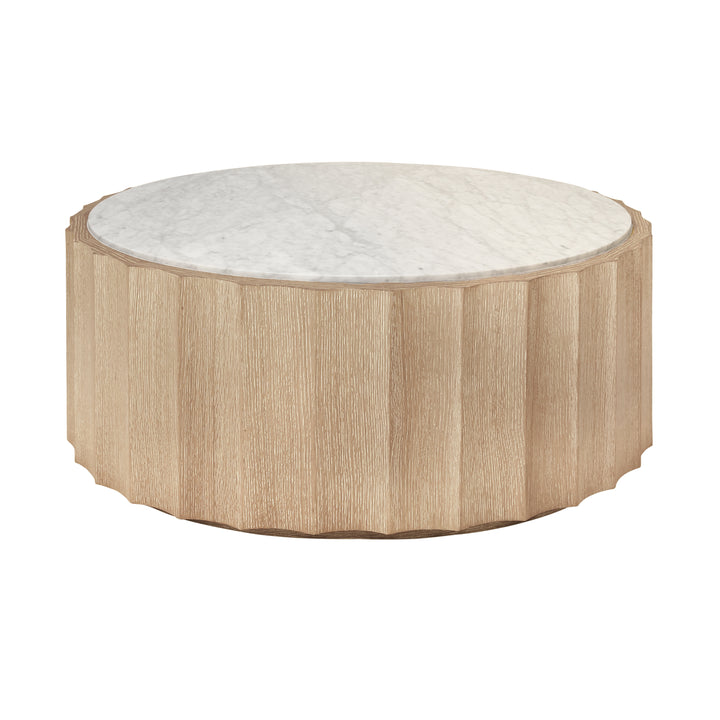 Round Coffee Table With Fluted Detail In Cerused Oak With White Carrara Marble Top - MOORE CO